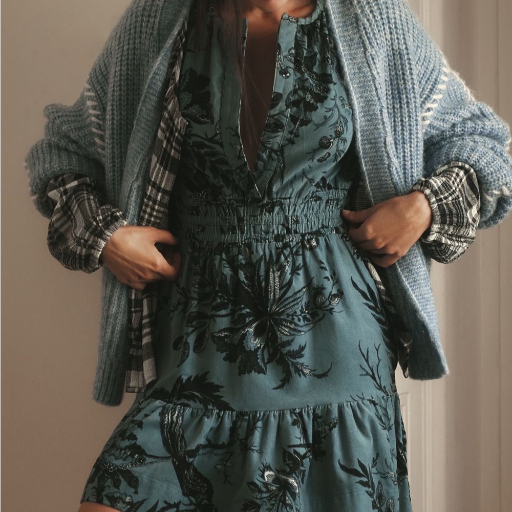 Anthropologie Somerset Corduroy  Teal and Black Floral Dress